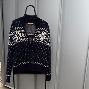 Ralph Lauren RUGBY Dark Blue and White snowflake allover Pattern Cardigan zip L